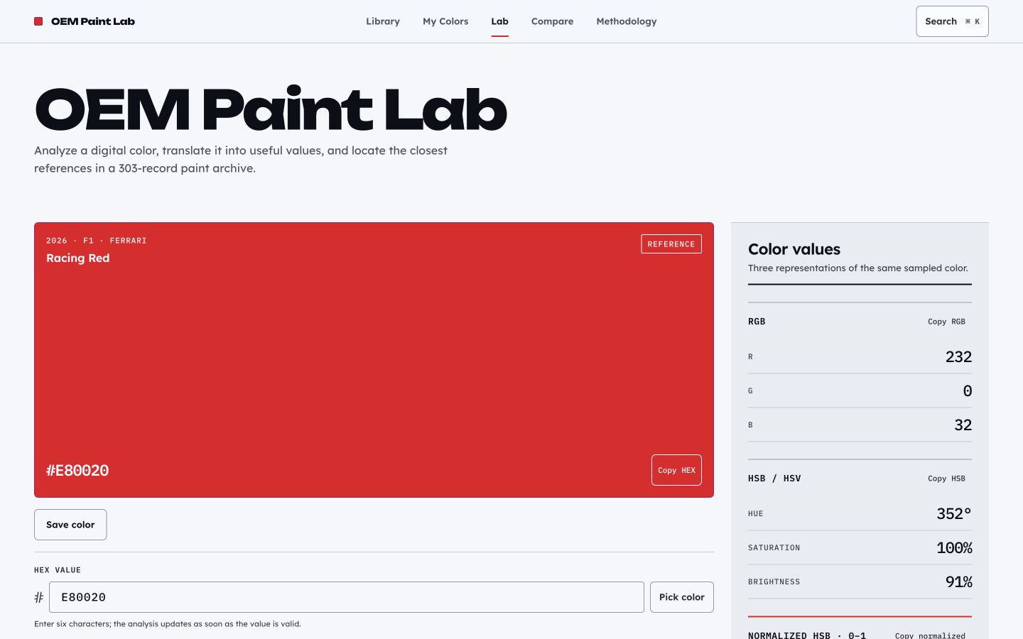OEM Paint Lab workbench showing Racing Red, RGB, HSB, and normalized HSB values