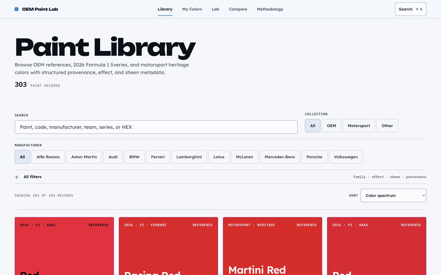 OEM Paint Lab Library showing search, collection and manufacturer filters, a 303-record count, and paint-first tiles