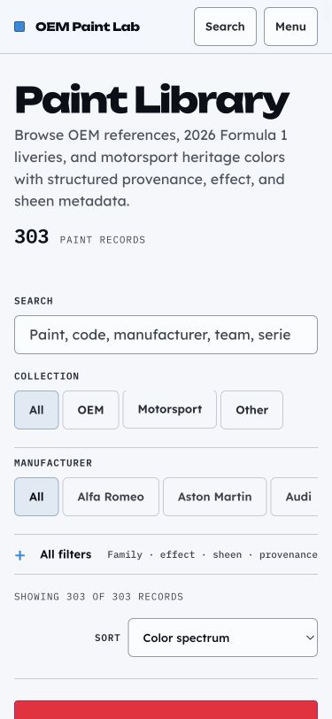 OEM Paint Lab Library on a 375-pixel-wide mobile viewport with compact navigation, filters, and paint tiles
