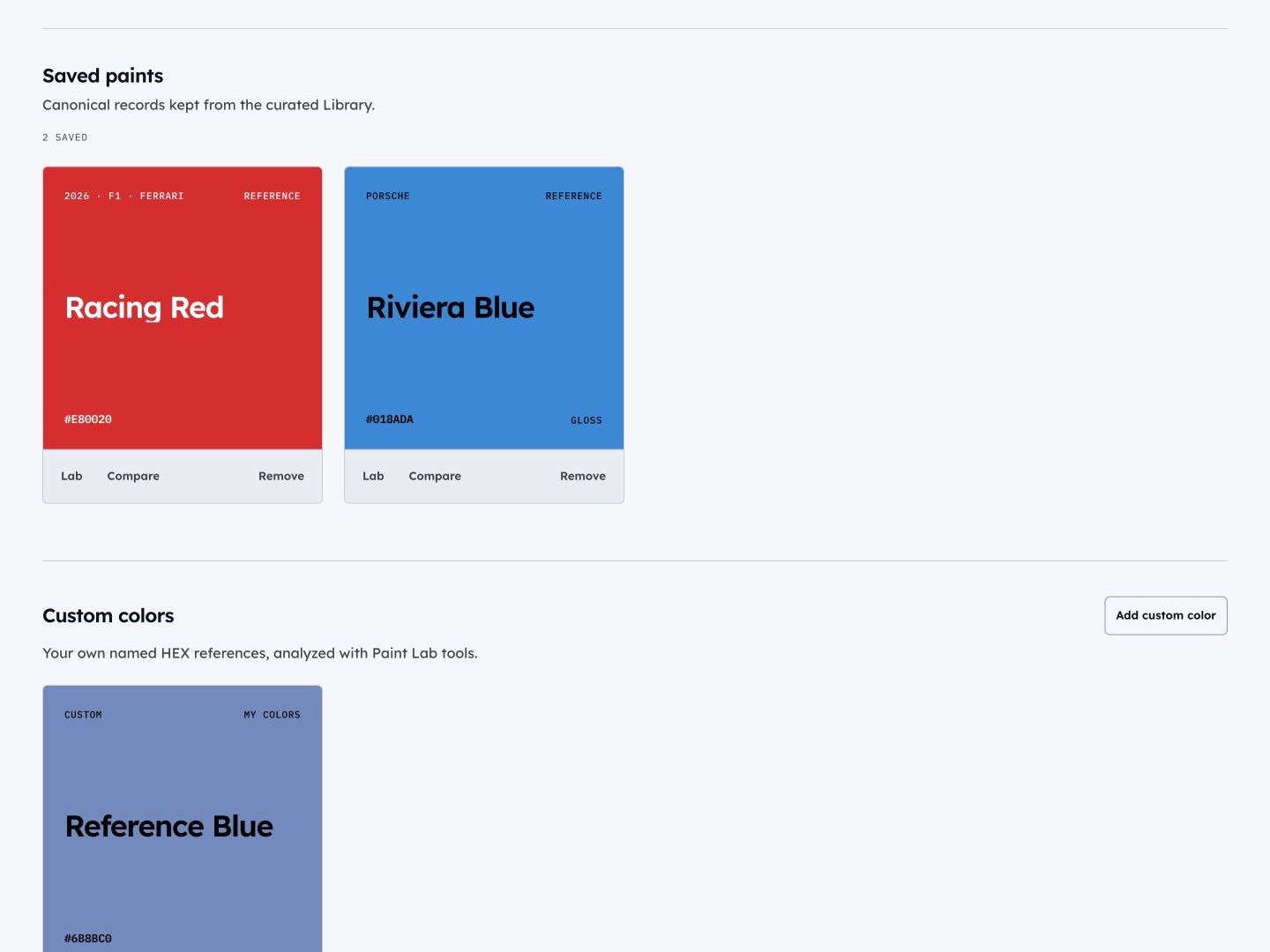 My Colors workspace containing saved archive records and a user-created custom color