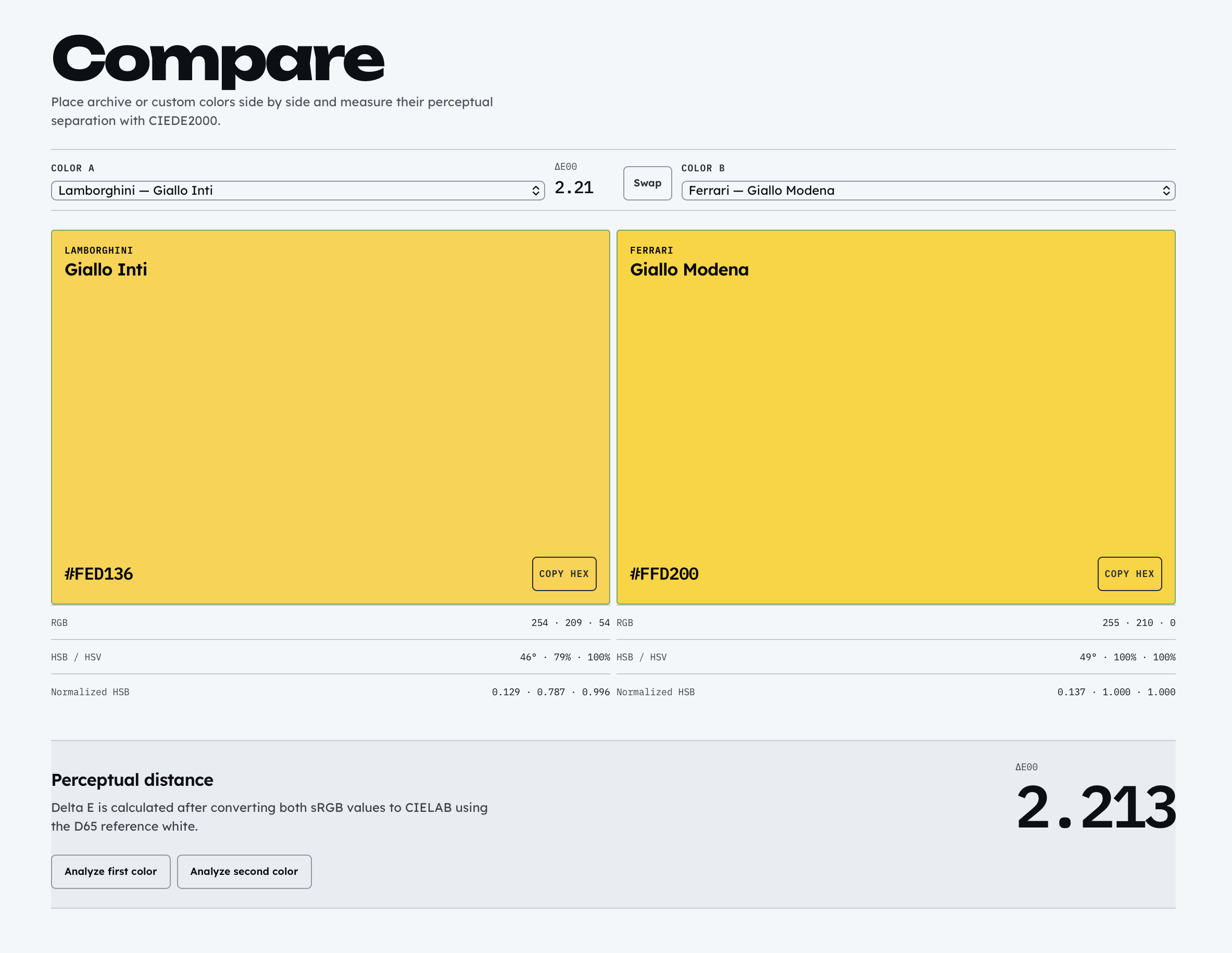 OEM Paint Lab Compare view showing Lamborghini Giallo Inti and Ferrari Giallo Modena side by side with color values and a CIEDE2000 perceptual distance of 2.213.