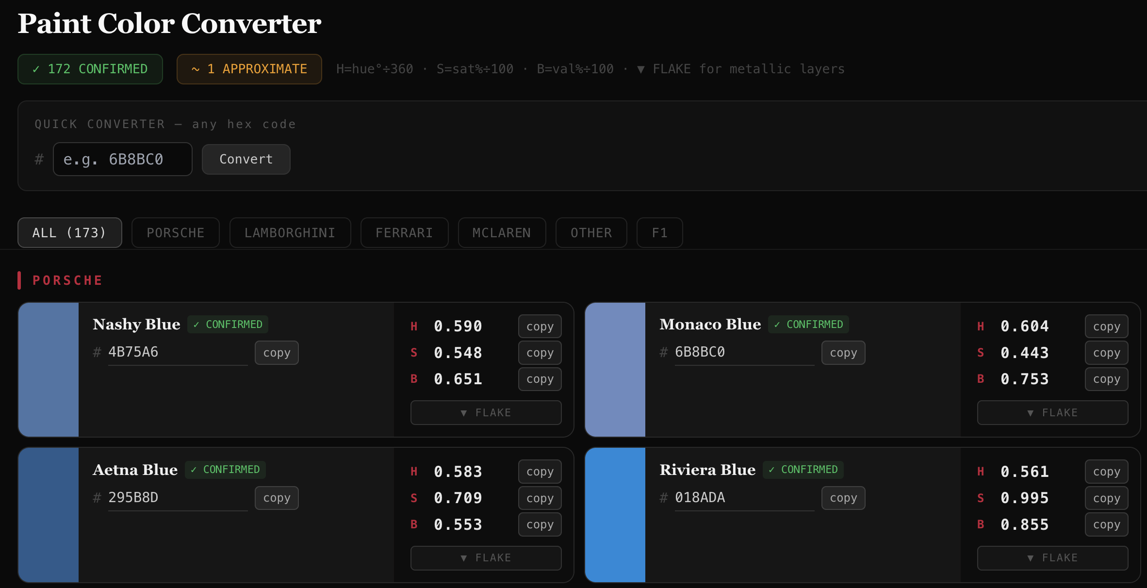 Original Paint Color Converter showing a 173-color archive, quick HEX conversion, manufacturer filters, and early Confirmed and Approximate classifications.