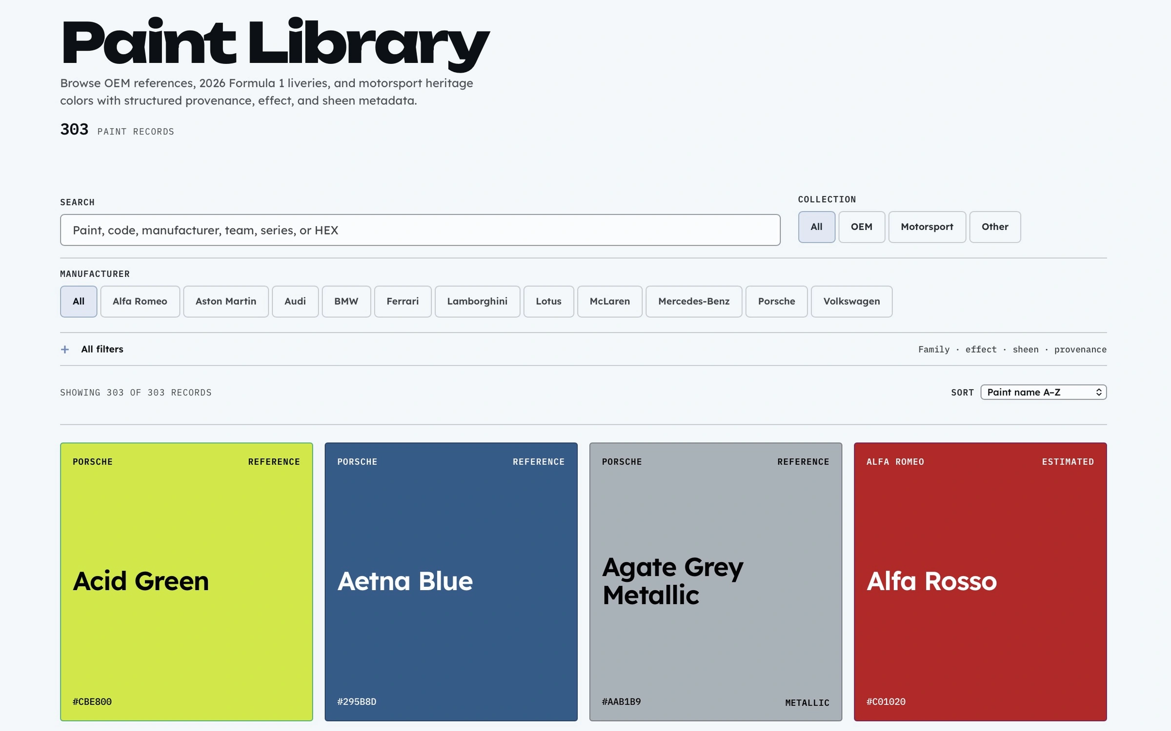 OEM Paint Lab Library with search and manufacturer filters above four paint swatches labeled Reference or Estimated.