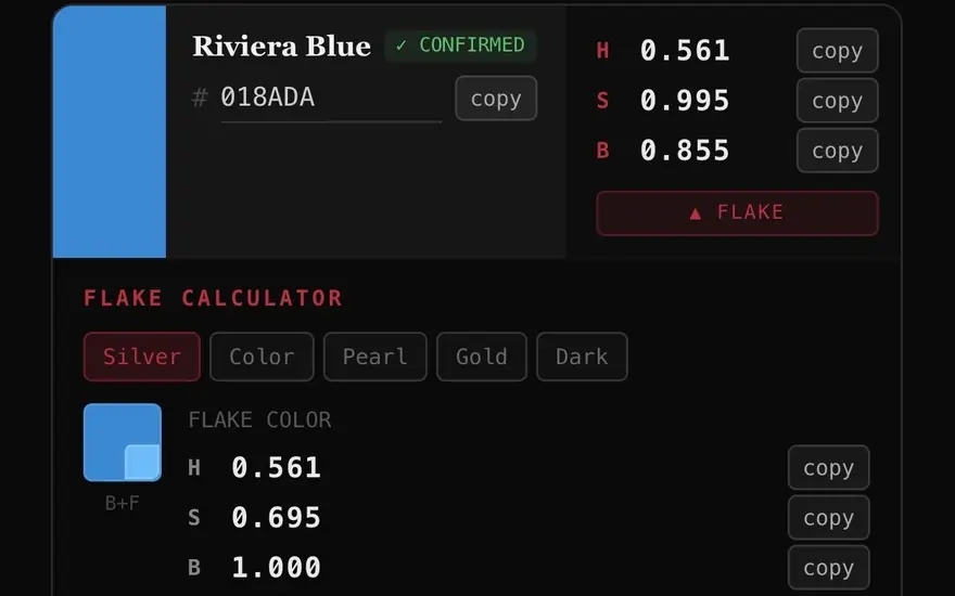 Original OEM Paint Converter showing Riviera Blue normalized HSB values and its flake calculator