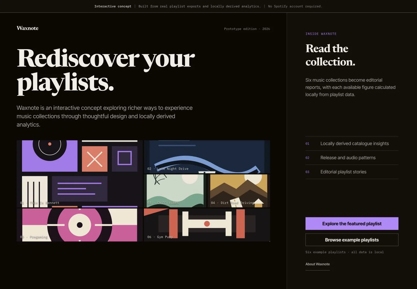 Waxnote landing page introducing six playlist reports through an editorial music analytics interface
