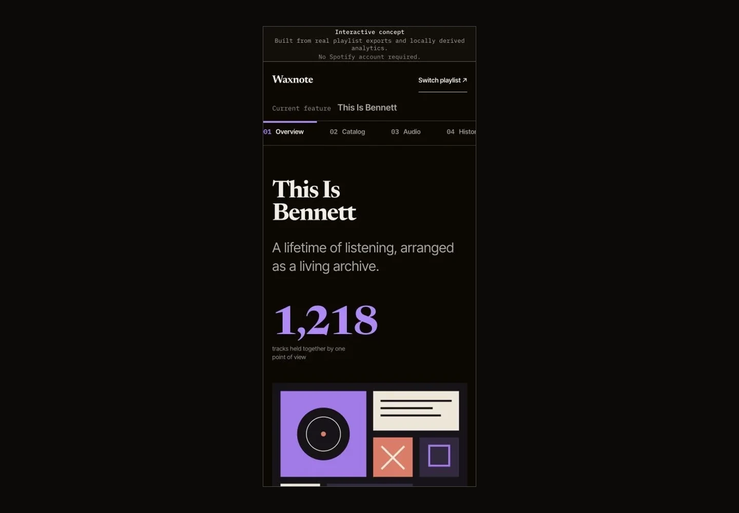Waxnote responsive mobile Overview interface presented on a near-black background
