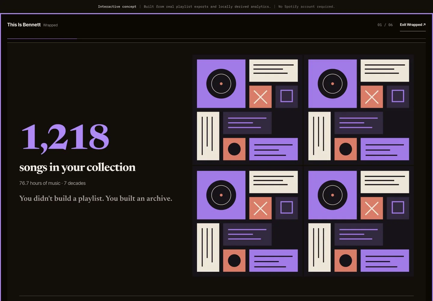 Waxnote Wrapped chapter showing 1,218 songs in the collection